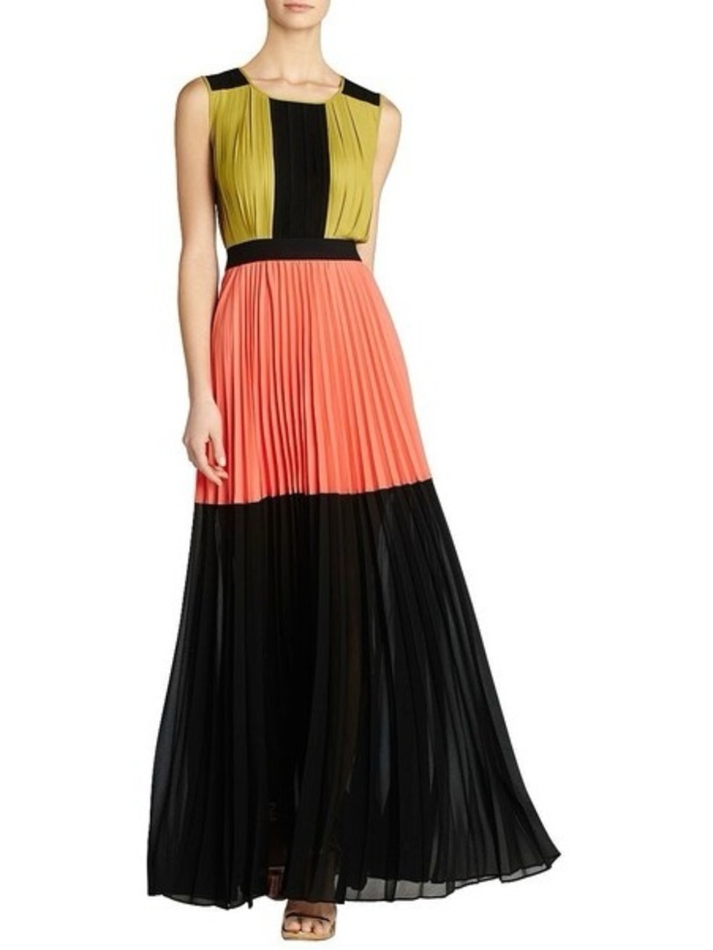 BCBGMaxAzria Sleeveless Colorblock Pleated Maxi Dress